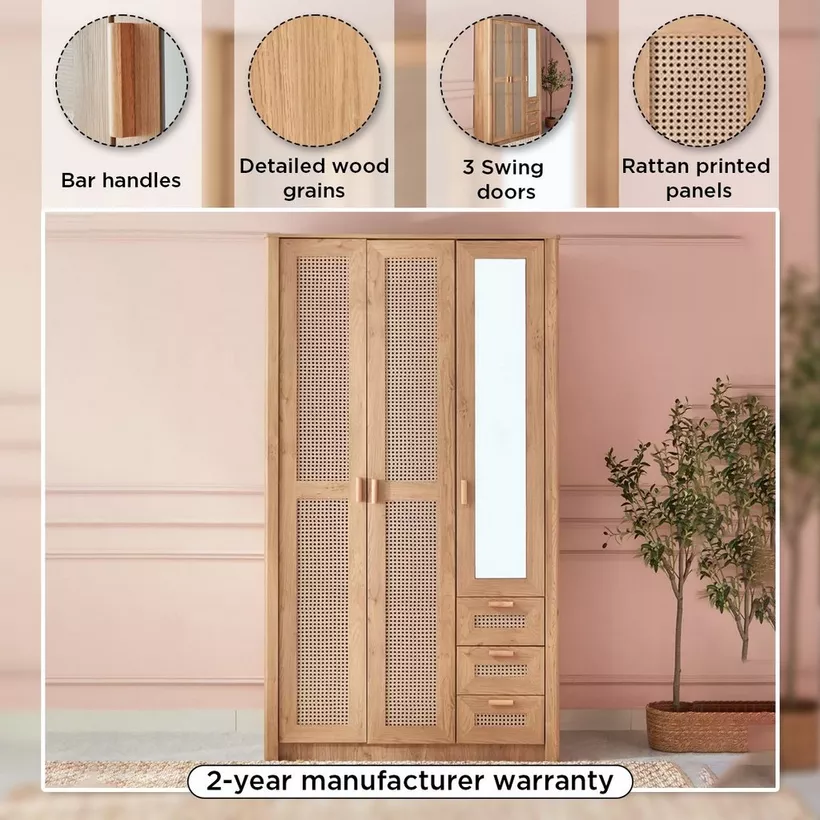 Java 3-Door Wardrobe with 3 Drawers and Mirror Java 3-Door Wardrobe with 3 Drawers and Mirror